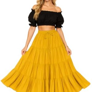 Women's 25 Yard Cotton Gypsy Belly Dance 4-Tiered A-Line Pleated Maxi Long Boho Dance Tribal Skirt