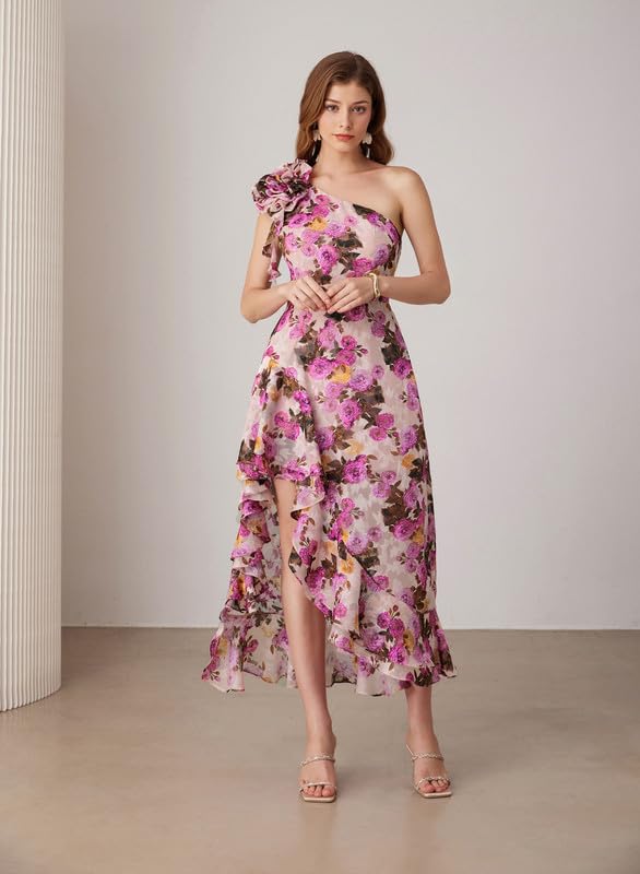 Womens Summer One Shoulder Sleeveless Dresses Floral Flowy Ruffle High Low Wedding Guest Maxi Sundresses
