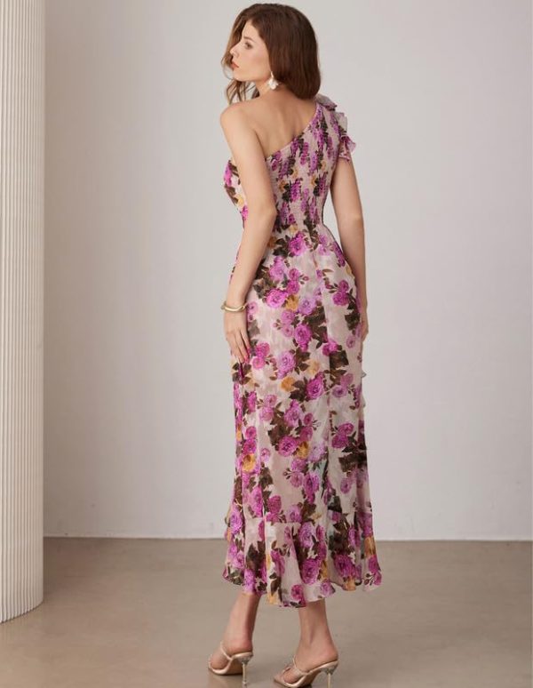 Womens Summer One Shoulder Sleeveless Dresses Floral Flowy Ruffle High Low Wedding Guest Maxi Sundresses