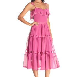 Women's Dream Sleeveless Ruffle Bodice Lace Insert Tiered Skirt Midi Dress