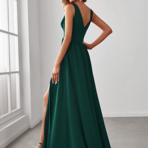 Women's Bridesmaid Dresses Deep V-Neck Sleeveless Side Slit Floor Length Wedding Guest Dress 0168B