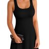 Womens Summer Ribbed Knit Square Neck Dress A Line Flare Mid-Thigh/Above Knee/Mini Ruffle Swing Sundress