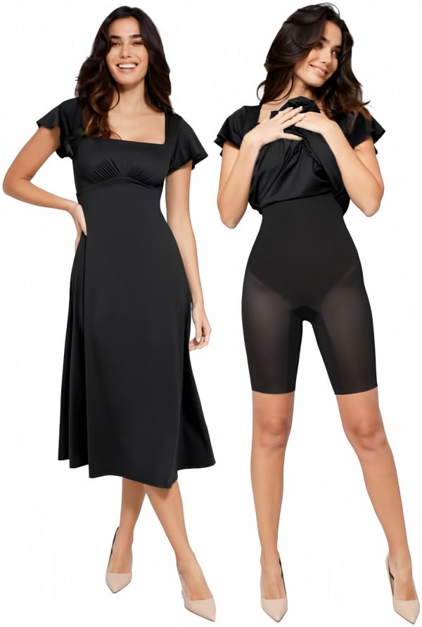A Line Dresses for Women Shapewear Built-in Bra Short Sleeve Square Neck Flowy Wedding Guest Midi Dress