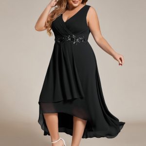 Women's Summer Chiffon Sleeveless V Neck Applique Plus Size High Low Formal Wedding Guest Dresses 41926-DA