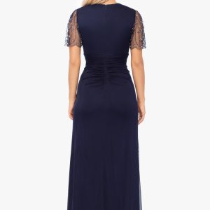 Women's Sheer Matte Jersey Maxi Dress with Beaded Sleeves and Side Ruching
