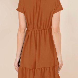 Womens Summer Dresses 2025 Short Sleeve V Neck Empire Waist Drawstring Casual Ruffle A-Line Swing Mini Babydoll Dress