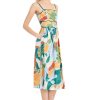 Women's Square Neck Spaghetti Strap Cotton Poplin Midi Floral Print Summer Wedding Guest a Line Dress
