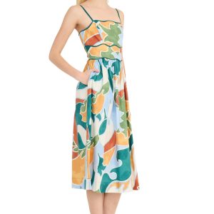Women's Square Neck Spaghetti Strap Cotton Poplin Midi Floral Print Summer Wedding Guest a Line Dress