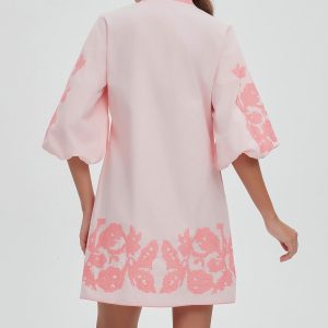 Women Mini Dress Summer 3/4 Puff Sleeves Embroidery Floral Tunic Mini Dress V Neck Loose Zip Party Dresses