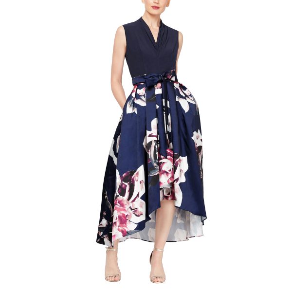 Women's Floral High-Low Gown with Pockets and Stretch Bodice, Wedding Guest Dress (Petite and Regular Sizes)