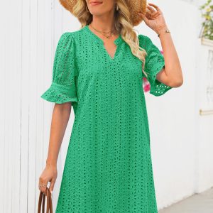 Women's 2025 Summer Short Sleeve Mini Dress V Neck Ruffle Hollow Out Eyelet Lace Dresses