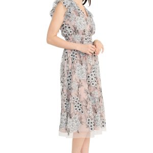 Women's Flutter Sleeve V-Neck Empire Waist Midi Length A-line Cocktail Dress