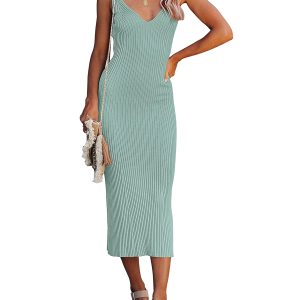 Womens 2025 Summer V Neck Knit Midi Dress Bodycon Casual Sleeveless Ribbed Party Sweater Dresses