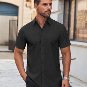 Mens Short Sleeve Dress Shirts Wrinkle Free Casual Button Down Shirts Summer Untucked Dress Shirt