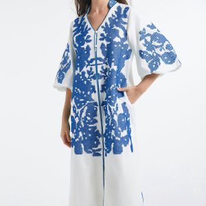 Women Casual V-Neck Mid Dress Floral Embroidery 3/4 Sleeves Spring Summer Tunic Dress Loose Zip Party Dress with Pocket