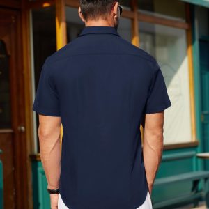 Mens Short Sleeve Button Down Shirt Stretch Business Casual Dress Shirts Solid Summer Wedding Prom Tops