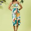 Women's Square Neck Spaghetti Strap Cotton Poplin Midi Floral Print Summer Wedding Guest a Line Dress