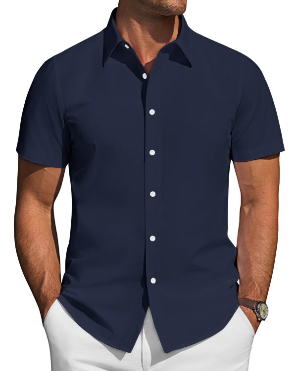 Mens Short Sleeve Button Down Shirt Stretch Business Casual Dress Shirts Solid Summer Wedding Prom Tops