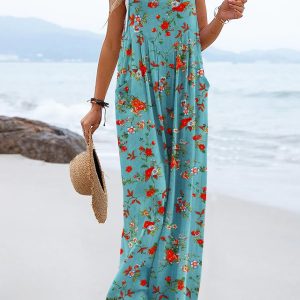 Women's Summer Casual Overalls Loose Wide Leg Jumpsuits Boho Floral Printed Baggy Rompers with Pockets PZH