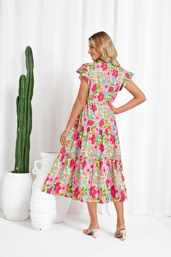 Womens Summer Floral Midi Dresses Short Sleeve Beach Wedding Guest Dress Drawstring Long Flowy Dress with Pockets