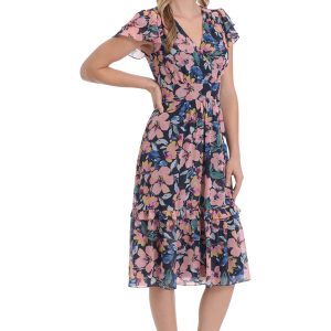 Women's Double Flutter Sleeve Surplice Tiered Midi