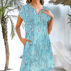 Womens Casual Dresses Short Sleeve Summer Dresses 2025 Boho Floral Beach Sundresses Spring A-Line Dress with Pockets