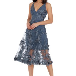 Women's Audrey Spaghetti Strap Midi A-line 3D Floral Dress