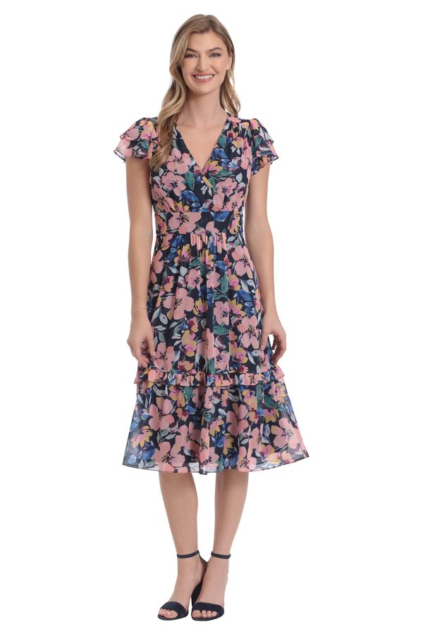 Women's Double Flutter Sleeve Surplice Tiered Midi