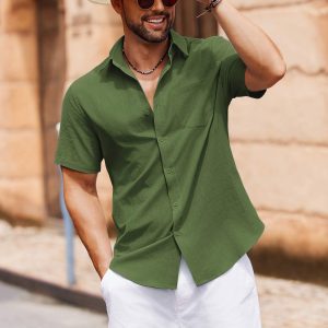 Men's Button Down Short Sleeve Shirt Casual Cotton Summer Beach Linen Wedding Shirts with Pocket