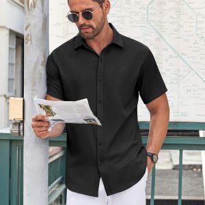 Men's Casual Button Down Shirt Short Sleeve Wrinkle Free Dress Shirt Beach Summer Wedding Shirt