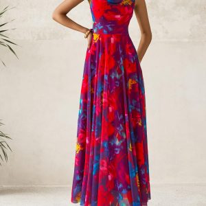 Women Summer Floral Maxi Dresses Elegant Spaghetti Strap Dress Printed Party Dress Beach Long Dresses