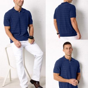 Mens Zipper Polo 3D Texture Shirts 2025 Spring Summer Fashion Knit Golf Tops Short Sleeve Dress Clothes