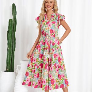Womens Summer Floral Midi Dresses Short Sleeve Beach Wedding Guest Dress Drawstring Long Flowy Dress with Pockets