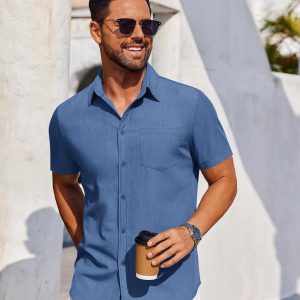 Men's Short Sleeve Button Down Shirt Casual Untucked Dress Shirt Stretch Denim Shirt