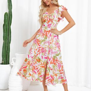 Women Summer Floral Dress Flutter Short Sleeve Casual Split Flowy Vacation Beach Midi Long Dresses