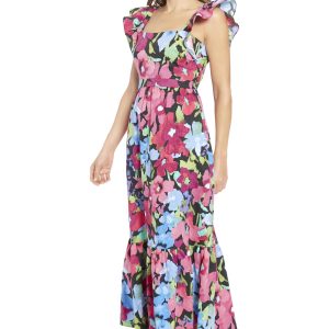 Women's Elastic Ruffle Sleeve Square Neck Maxi Dress Easy Summer Fun Vacation
