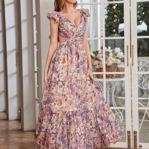 Women's Summer Floral Print Straps Sleeveless V Neck Criss Cross Backless Chiffon Beach Boho Party Long Maxi Dress