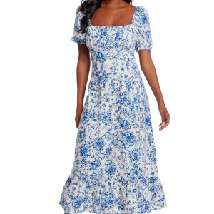 Women's Square Neck Smocked Back Linen Blend Flattering Versatile Spring Summer Garden Party Dress