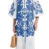 Women Casual V-Neck Mid Dress Floral Embroidery 3/4 Sleeves Spring Summer Tunic Dress Loose Zip Party Dress with Pocket