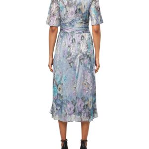 Women's Short Sleeve V-Neck Midi Cocktail Dress W/Ruched Waist, Wedding Guest Gown (Petite and Regular Sizes)