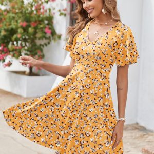 Womens Summer Dress Casual Swing Floral Ruffle Short Sleeve Sundresses Beach Mini A-line Shift Dress 2025 with Pockets