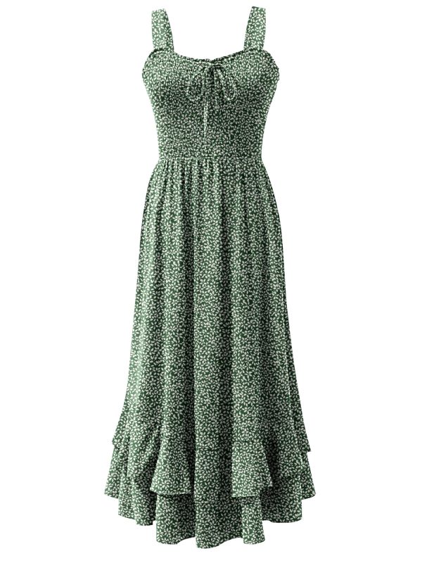 Women's Smocked Maxi Dress Summer Casual Boho Sleeveless Strap Ruffle Backless Swing Flowy Beach Long Sundress