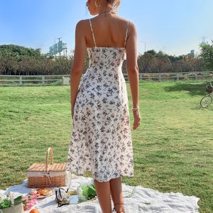Women's Summer Split Thigh Spaghetti Strap Cami Midi Floral Dress