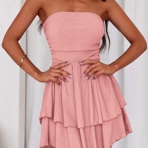Women's 2025 Summer Strapless Tube Mini Dress Off Shoulder Smocked Ruffle A Line Flowy Short Party Club Dresses