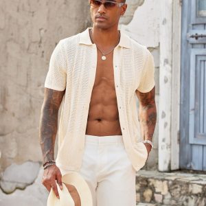 Mens Knit Button Down Shirts Casual Textured Polo Shirt Short Sleeve Vintage Summer Beach Tops