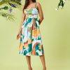 Women's Square Neck Spaghetti Strap Cotton Poplin Midi Floral Print Summer Wedding Guest a Line Dress