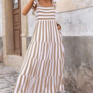 Women Dresses 2025 Summer Floral Sleeveless Maxi Dress Casual Spaghetti Strap Tiered Flowy Beach Long Dress
