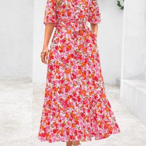 Womens Floral Maxi Dresses Boho Summer Casual V Neck 3/4 Puff Sleeve Button Down Tie Waist Long Flowy Shirt Dress